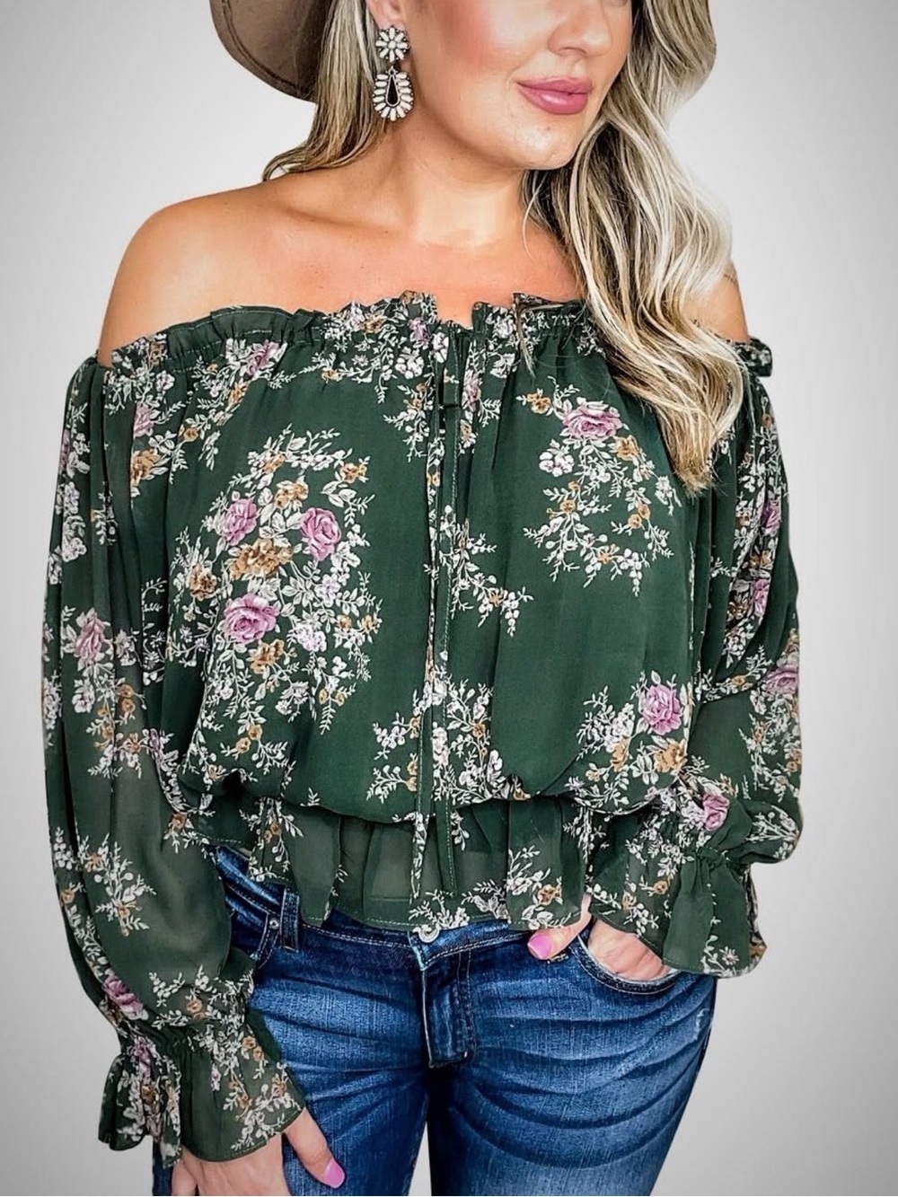eesome Off-Shoulder Cinched Waist Floral Blouse in Dark Green with Pink Accents